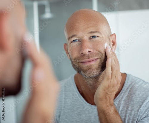 A man applies facial cream in front of a bathroom mirror, reflecting a focused and gentle self-care moment.