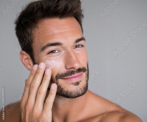 Close-up of a man applying facial cream to his cheek, showcasing a healthy and groomed appearance.