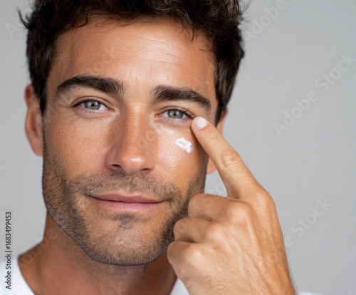 Close-up of a man applying facial cream to his skin.