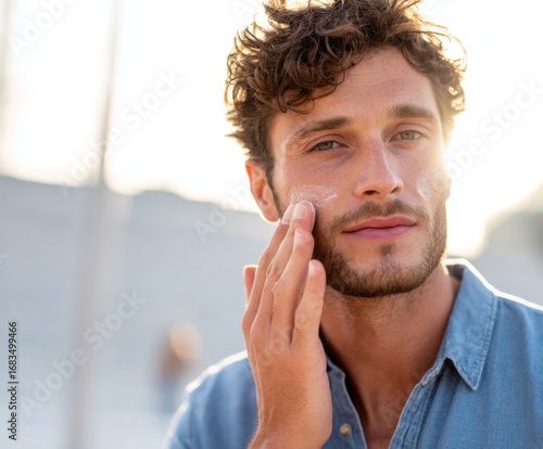 Close-up of a man applying sunscreen to his face, showcasing a healthy skin care routine outdoors.