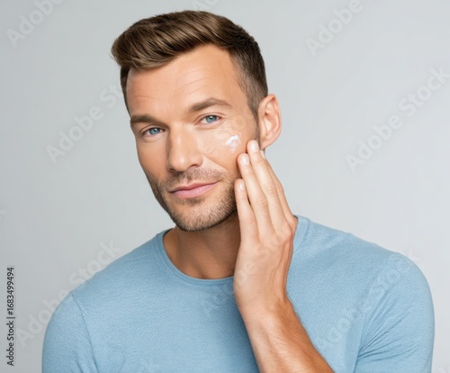 Close-up of a man applying facial cream, showcasing healthy skin and a simple beauty routine.