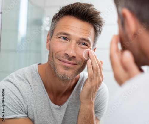 A man applies facial cream to his face, smiling contentedly in a bathroom mirror.