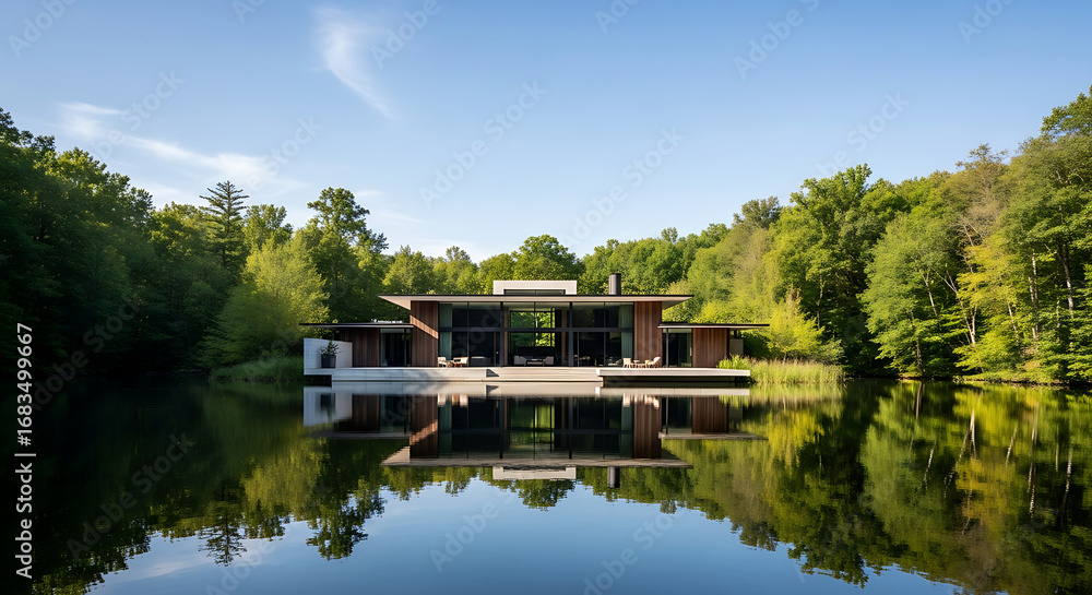 Fototapeta premium Symmetrical reflection of a modern architectural home on a tranquil forest lake during a sunny day