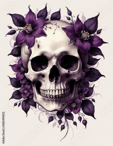 Artistic skull illustration adorned with purple flowers, blending beauty and mortality in a captivating design