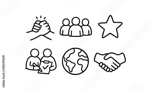 hand drawn cute doodle style line isolated on white background: strong alliance group figures shared task globe sign trust line