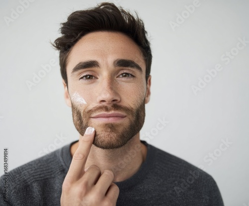 Close-up of a man applying facial moisturizer, showcasing a thoughtful expression and healthy skin tone against a neutral backdrop.