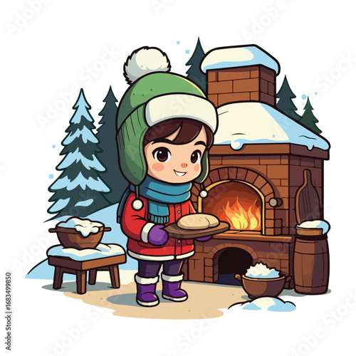 A happy little girl holds a gift in the snow
