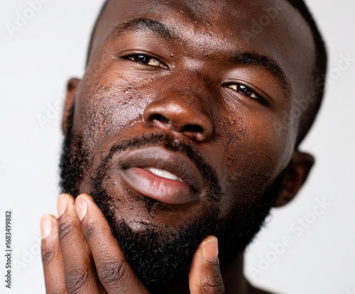 Close-up portrait of a man with a close-cropped beard and visible skin texture, showcasing a thoughtful expression and attention to detail.