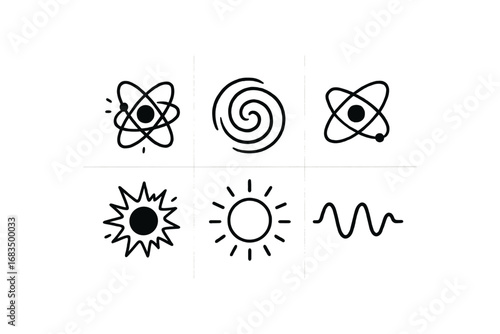 hand drawn cute doodle style line isolated on white background: nuclear fusion plasma swirl orbit dots core burst sun icon science line