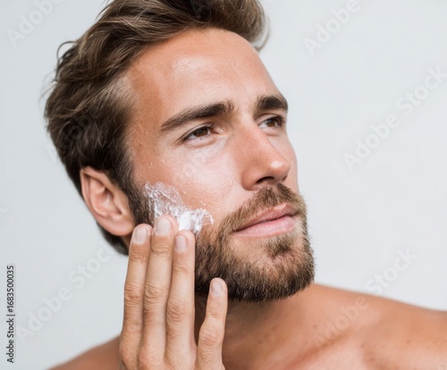Close-up view of a man applying facial cream to his cheek, showcasing a focused and attentive expression.