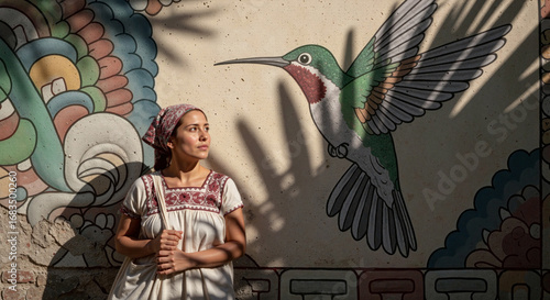 Traditional Mexican woman stands beside colorful mural of hummingbird in vibrant setting