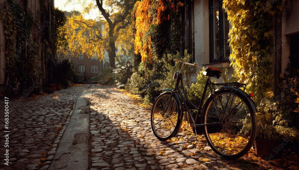 Obraz premium Autumnal cobbled street with vintage bicycle