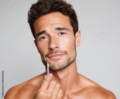 A man applies skincare serum to his face, showcasing healthy skin and a neutral expression.