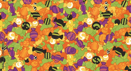 A colorful, festive illustration showing a scattered assortment of Halloween candies.