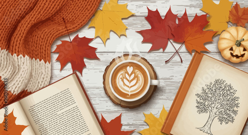 Overhead view of a cozy autumn scene with a steaming latte, open books, colorful maple leaves, a pumpkin cookie, and a knitted orange scarf on a white wooden surface.