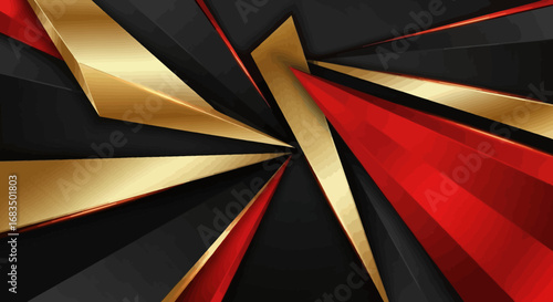 Abstract geometric design with gold and red accents on a dark background.