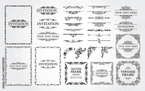 Design elements set, decorative flourish border corner and frame collection for invitation, menu and page decoration