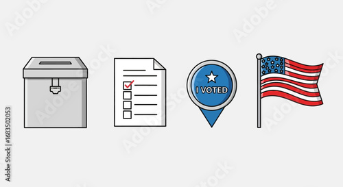 Illustrative representation of voting process elements, including ballot box, ballot, and patriotic symbols.