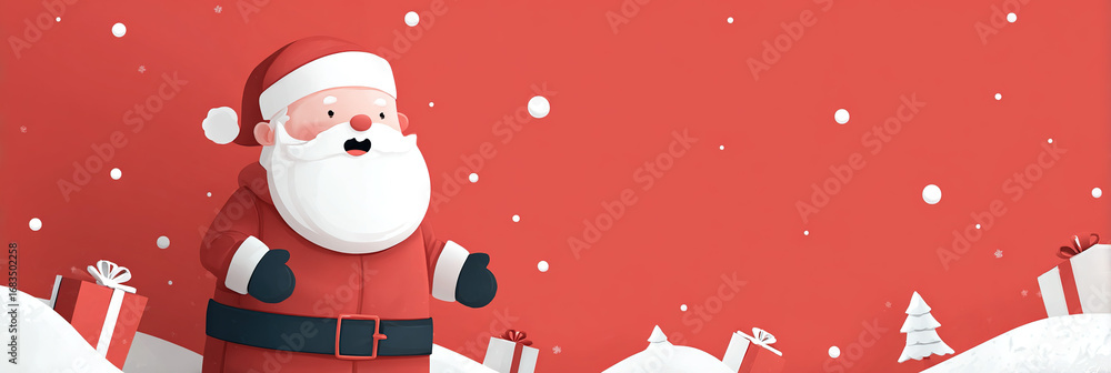 Naklejka premium Cartoon Santa Claus in snowy scene - Red background with falling snow - Winter holiday concept
