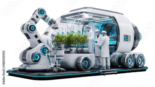 Future of Food: Scientists conduct research in an advanced mobile lab, studying plant growth. The image portrays innovative technology and the future of sustainable agriculture.
