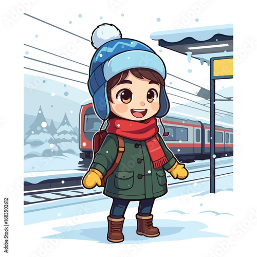 A joyful little boy in a winter hat smiles while playing in the snow