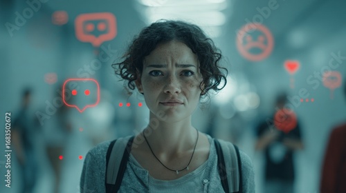 A woman stands in a corridor surrounded by digital social media notification icons, expressing a complex emotional state of overwhelm and digital anxiety in a modern technological environment.