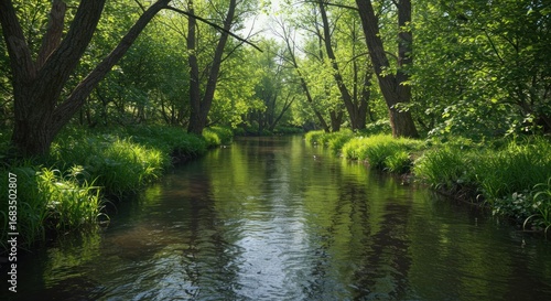 A tranquil stream flows through a verdant forest, bathed in sunlight.