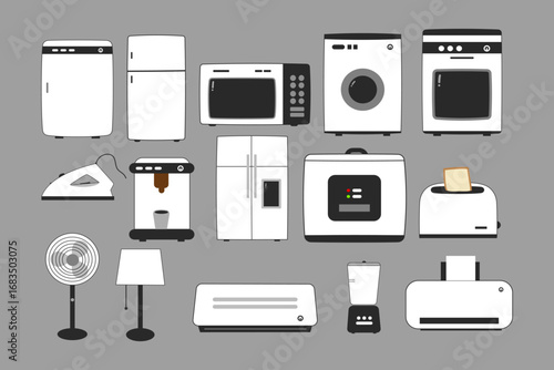 Household Appliances Clipart Set with Washing Machine, Refrigerator and Microwave