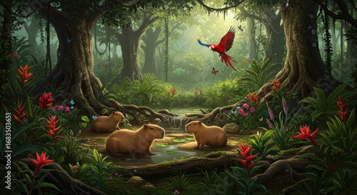 Lush tropical forest scene with capybara and parrot, vibrant flowers, and a tranquil stream.