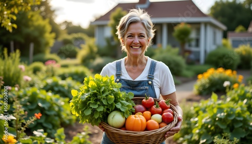 Fototapeta Naklejka Na Ścianę i Meble -  The mature woman is beaming with joy as she stands in her vegetable garden, holding a basket filled with vibrant, freshly picked vegetables