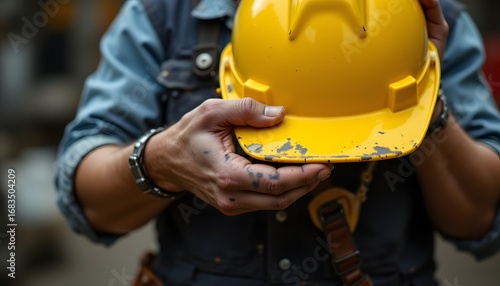 The worker's calloused hand grips the bright yellow safety helmet firmly, showcasing the wear and tear of laborious work.