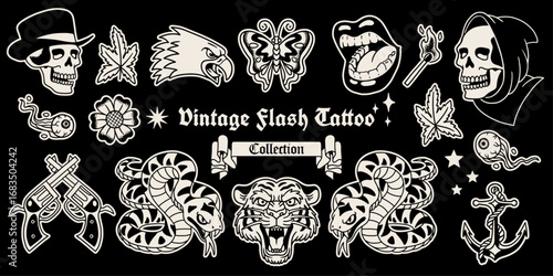 Vintage Black and White Tattoo Illustration Set