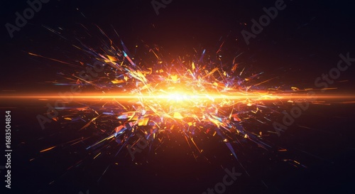 A vibrant explosion of orange, blue, and yellow shards radiates outward from a central point of light against a dark backdrop.