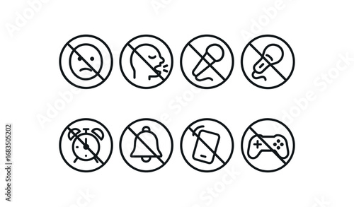 simple outline stroke icon 8 different no talking no shouting no singing no musical instruments no alarms no bell ringing no ring tones no gaming isolated on white background