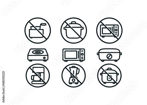 simple outline stroke icon 8 different no deep frying no pressure cookers no hot plates no toasters no microwaves no coffee makers no blenders no rice cookers isolated on white background