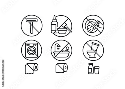 simple outline stroke icon 8 different no shaving no hair dye no washing dishes no laundry no bathing no trash flushing no paper towels no glass containers isolated on white background