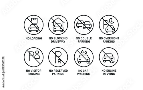 simple outline stroke icon 8 different no loading no blocking driveway no double parking no overnight parking no visitor parking no reserved parking no washing no engine revving isolated on
