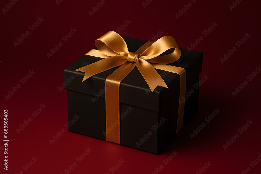 Fototapeta premium Coffret cadeau premium noir avec ruban satin doré sur fond rouge profond
