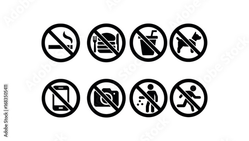 flat black solid icon 8 different items no smoking no food no drink no pets no phone no photography no littering no running isolated on white background