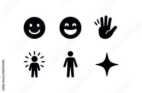flat black solid icon items isolated on white background: joyful demeanor wide grin hand wave glowing aura standing pose spark