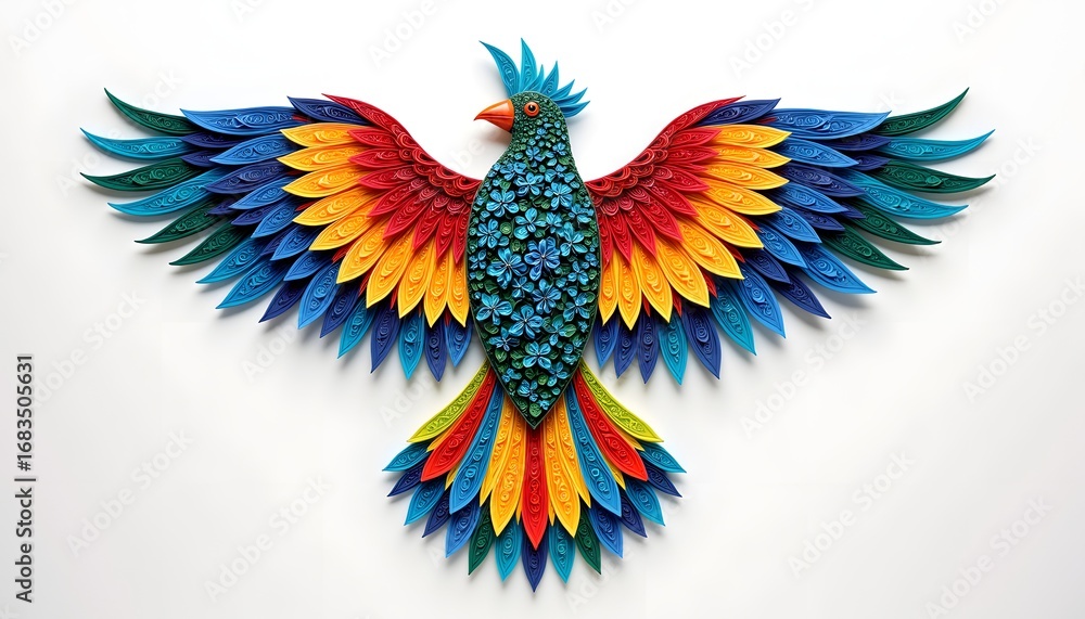 Fototapeta premium A intricate design of a bird crafted entirely out of quilled paper, showcasing vibrant colors and detailed patterns.