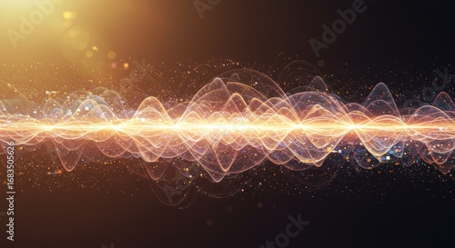 A sophisticated graphic design showcases a rhythmic wave pattern, imbued with warm golden hues and a dark backdrop.