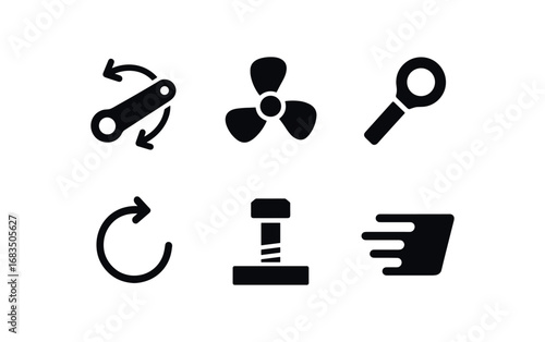 flat black solid icon items isolated on white background: rotating fan blade pivot joint torque arrow bolt motion lines