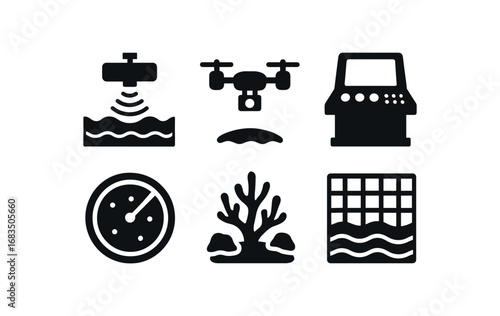 flat black solid icon items isolated on white background: ocean floor mapper remote drone control console radar sweep coral ground depth grid