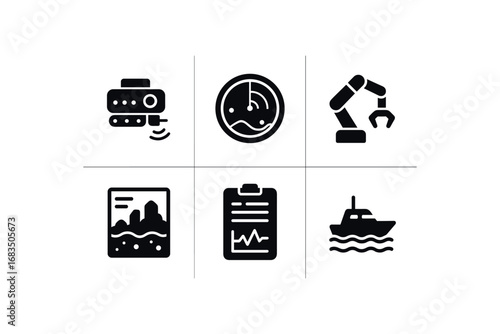 flat black solid icon items isolated on white background: marine benthic mapper sonar screen sampling seabed map data log dive vessel