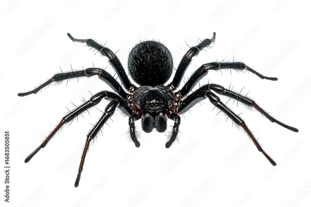 Obraz premium Detailed close-up image of a black spider against a clean white backdrop for dramatic effect