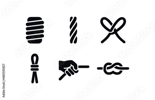 flat black solid icon items isolated on white background: rope wrap weaving cord strands crossing loops tied hand pull knot form