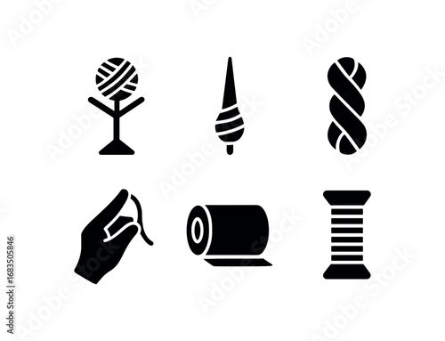 flat black solid icon items isolated on white background: thread ply spinner spindle stick yarn twist hand pull fiber roll thread spool