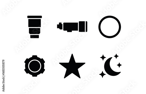 flat black solid icon items isolated on white background: astronomy eyepiece telescope tube glass lens focus knob icon moon glow