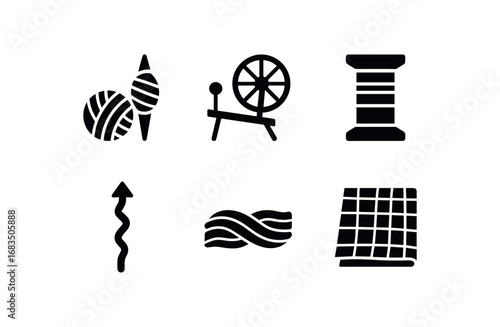 flat black solid icon items isolated on white background: yarn ply spinner wheel frame bobbin roll twist arrow fiber line fabric